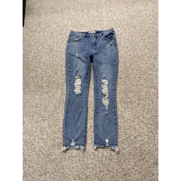 Risen Denim - 15/32 Risen High-Rise Distressed Crop Straight Leg Raw Fray Hem